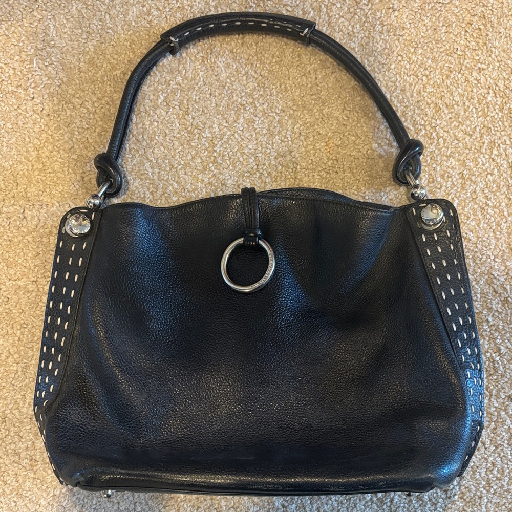 BCBGMaxAzria Black Leather Shoulder Bag with Silver Hardware